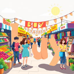 A vibrant and appealing illustration representing the word "buy" through a busy shopping scene