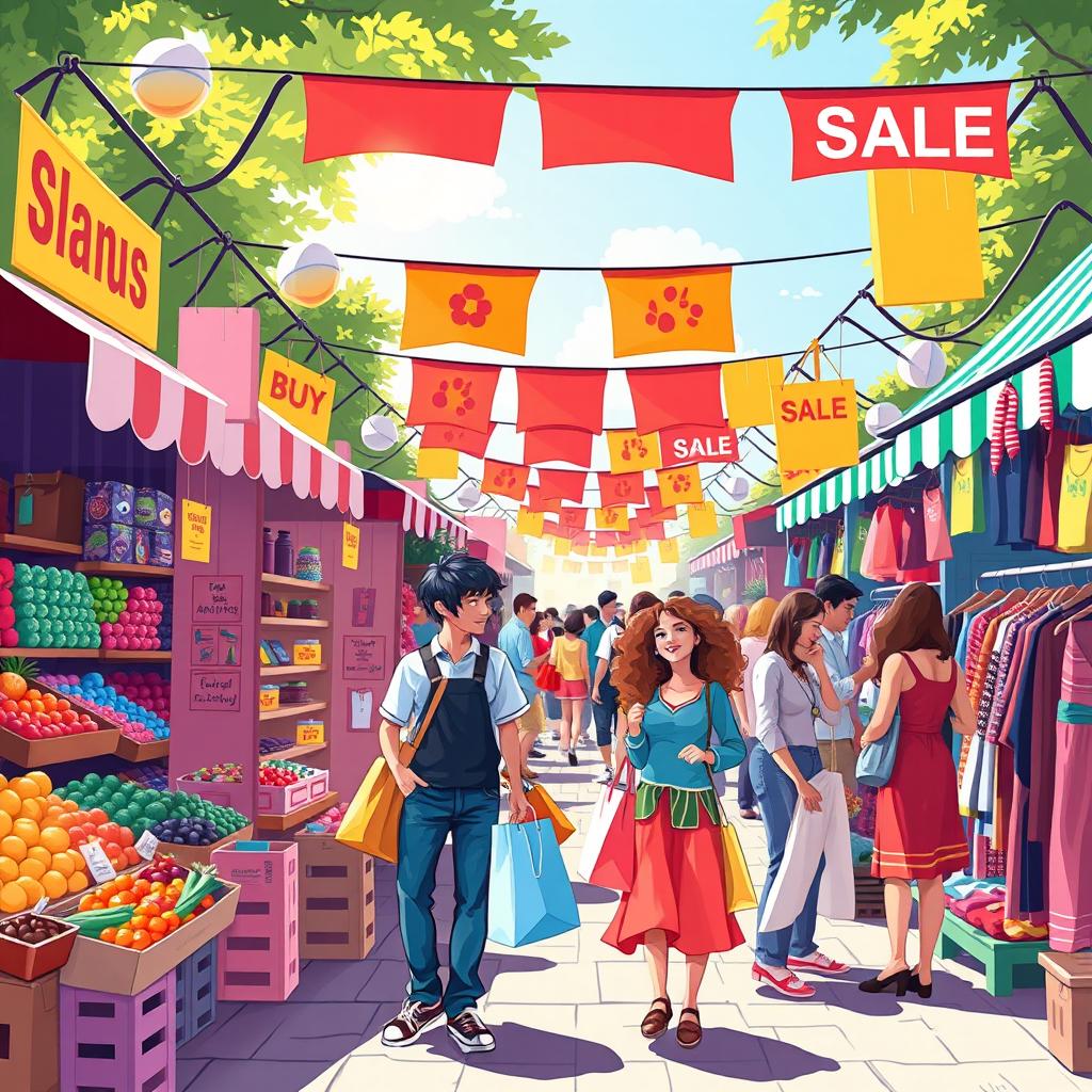 A vibrant and appealing illustration representing the word "buy" through a busy shopping scene