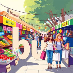 A vibrant and appealing illustration representing the word "buy" through a busy shopping scene