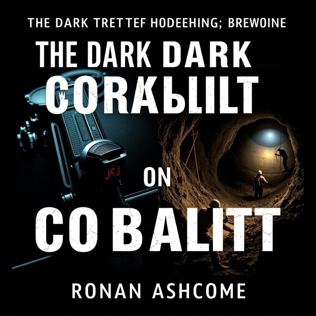 A dramatic split image for a book cover titled 'The Dark Truth Behind Our Daily Dependencies on Cobalt' by Ronan Ashcombe