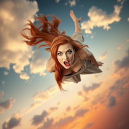 A sexy redhead woman with striking blue eyes and vibrant red lips, gracefully falling from the sky