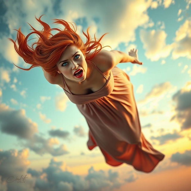 A sexy redhead woman with striking blue eyes and vibrant red lips, gracefully falling from the sky