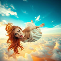 A sexy redhead woman with striking blue eyes and vibrant red lips, gracefully falling from the sky