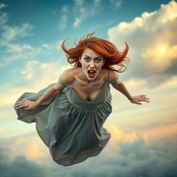 A sexy redhead woman with striking blue eyes and vibrant red lips, gracefully falling from the sky