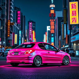 A vibrant and dynamic scene featuring a Peugeot 206 parked against a backdrop of Tokyo's iconic skyline at night