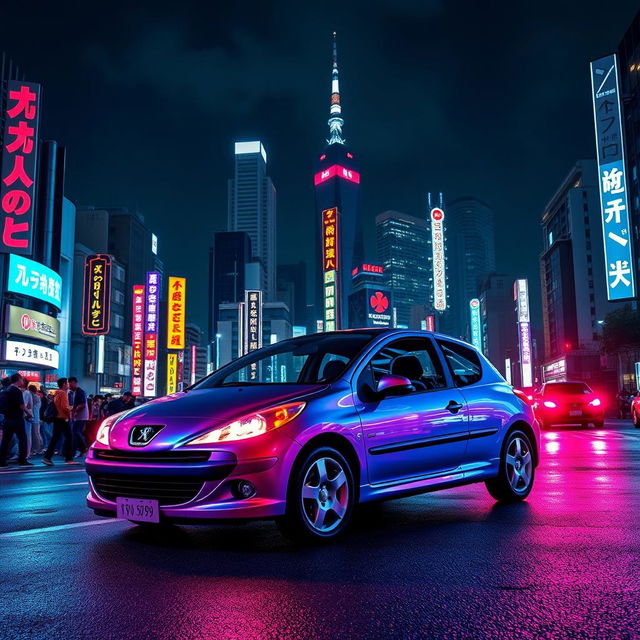 A vibrant and dynamic scene featuring a Peugeot 206 parked against a backdrop of Tokyo's iconic skyline at night