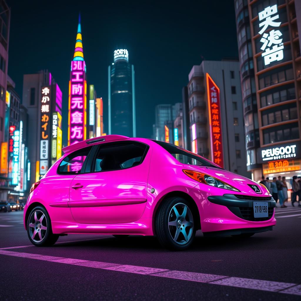 A vibrant and dynamic scene featuring a Peugeot 206 parked against a backdrop of Tokyo's iconic skyline at night