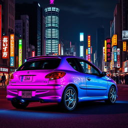 A vibrant and dynamic scene featuring a Peugeot 206 parked against a backdrop of Tokyo's iconic skyline at night