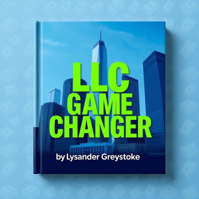 A flat book cover design that features a realistic cityscape with tall skyscrapers in the background, representing business success and growth