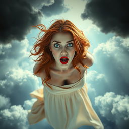 A sexy redhead woman wearing a flowing long dress, her striking blue eyes wide open in a scared expression as she falls from the sky