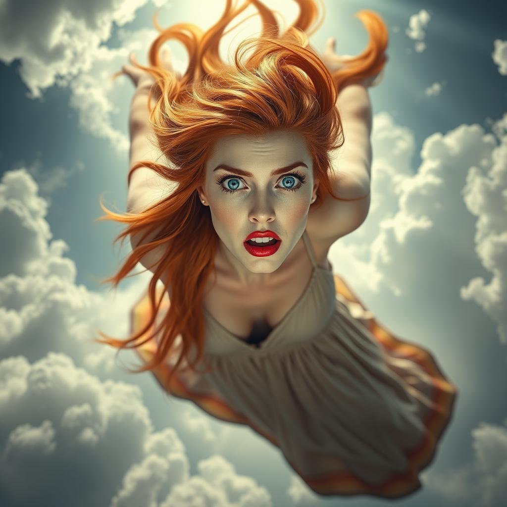 A sexy redhead woman wearing a flowing long dress, her striking blue eyes wide open in a scared expression as she falls from the sky