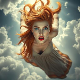 A sexy redhead woman wearing a flowing long dress, her striking blue eyes wide open in a scared expression as she falls from the sky