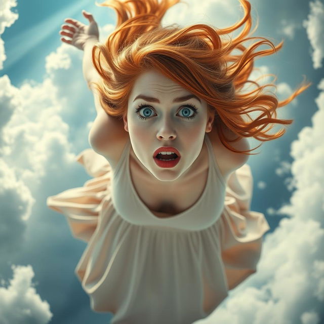 A sexy redhead woman wearing a flowing long dress, her striking blue eyes wide open in a scared expression as she falls from the sky