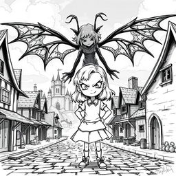 An illustration sketch of a little girl with a menacing smile, standing confidently in the center of a medieval village