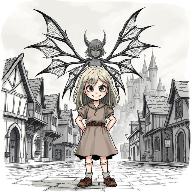 An illustration sketch of a little girl with a menacing smile, standing confidently in the center of a medieval village