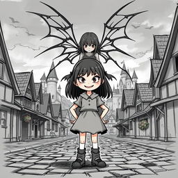 An illustration sketch of a little girl with a menacing smile, standing confidently in the center of a medieval village
