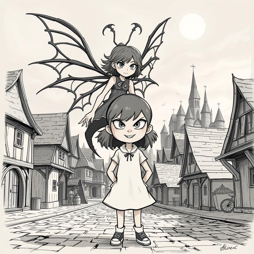 An illustration sketch of a little girl with a menacing smile, standing confidently in the center of a medieval village