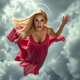 A sexy blonde woman with long flowing hair, dressed in an elegant long dress, showcasing vibrant colors