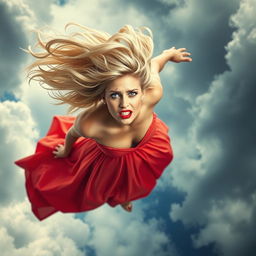 A sexy blonde woman with long flowing hair, dressed in an elegant long dress, showcasing vibrant colors