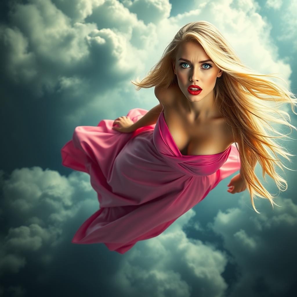 A sexy blonde woman with long flowing hair, dressed in an elegant long dress, showcasing vibrant colors