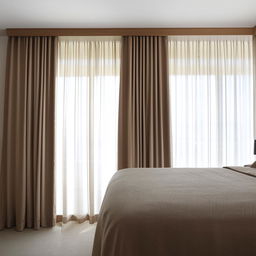 A spacious room featuring a luxurious king-sized bed, adjacent to a large window draped with elegant curtains