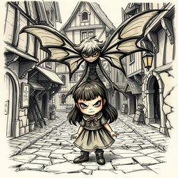 An illustration sketch in the style of D&D illustrations featuring a little girl with a menacing smile, positioned in the heart of a medieval village