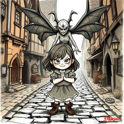An illustration sketch in the style of D&D illustrations featuring a little girl with a menacing smile, positioned in the heart of a medieval village