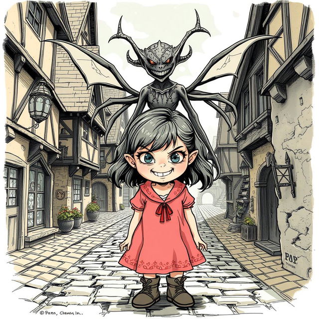 An illustration sketch in the style of D&D illustrations featuring a little girl with a menacing smile, positioned in the heart of a medieval village