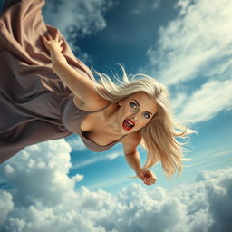A sexy blonde woman with long flowing hair, dressed in a stunning, elegant long dress, features striking blue eyes and bold red lips
