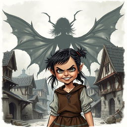 A realistic illustration sketch in the style of D&D artwork, featuring a little girl with a menacing smile, prominently positioned in the middle of a medieval village