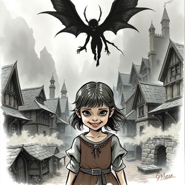 A realistic illustration sketch in the style of D&D artwork, featuring a little girl with a menacing smile, prominently positioned in the middle of a medieval village