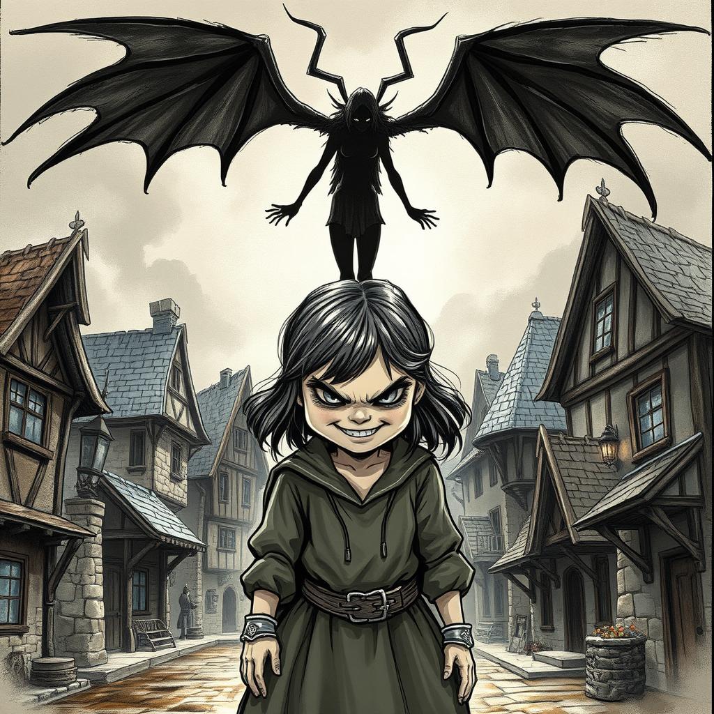 A realistic illustration sketch in the style of D&D artwork, featuring a little girl with a menacing smile, prominently positioned in the middle of a medieval village