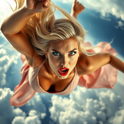 A sexy blonde woman with long hair, dressed in an elegant flowing dress, with striking blue eyes and vibrant red lips, plummeting from the sky