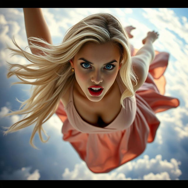 A sexy blonde woman with long hair, dressed in an elegant flowing dress, with striking blue eyes and vibrant red lips, plummeting from the sky