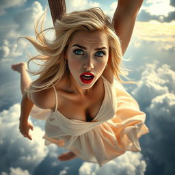 A sexy blonde woman with long hair, dressed in an elegant flowing dress, with striking blue eyes and vibrant red lips, plummeting from the sky