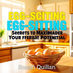 A realistic image of a sunny, vibrant kitchen with a basket of fresh eggs on a countertop