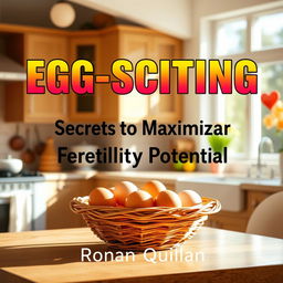 A realistic image of a sunny, vibrant kitchen with a basket of fresh eggs on a countertop