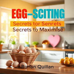 A realistic image of a sunny, vibrant kitchen with a basket of fresh eggs on a countertop