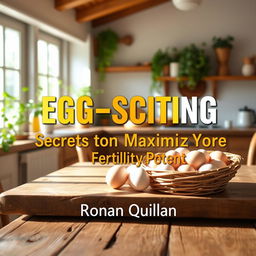 A vibrant, sunny kitchen filled with natural light, featuring a rustic wooden table with a basket of fresh eggs