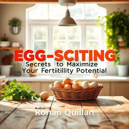 A vibrant, sunny kitchen filled with natural light, featuring a rustic wooden table with a basket of fresh eggs