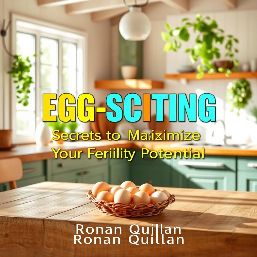 A vibrant, sunny kitchen filled with natural light, featuring a rustic wooden table with a basket of fresh eggs
