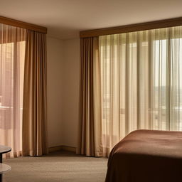 A spacious room featuring a luxurious king-sized bed, adjacent to a large window draped with elegant curtains