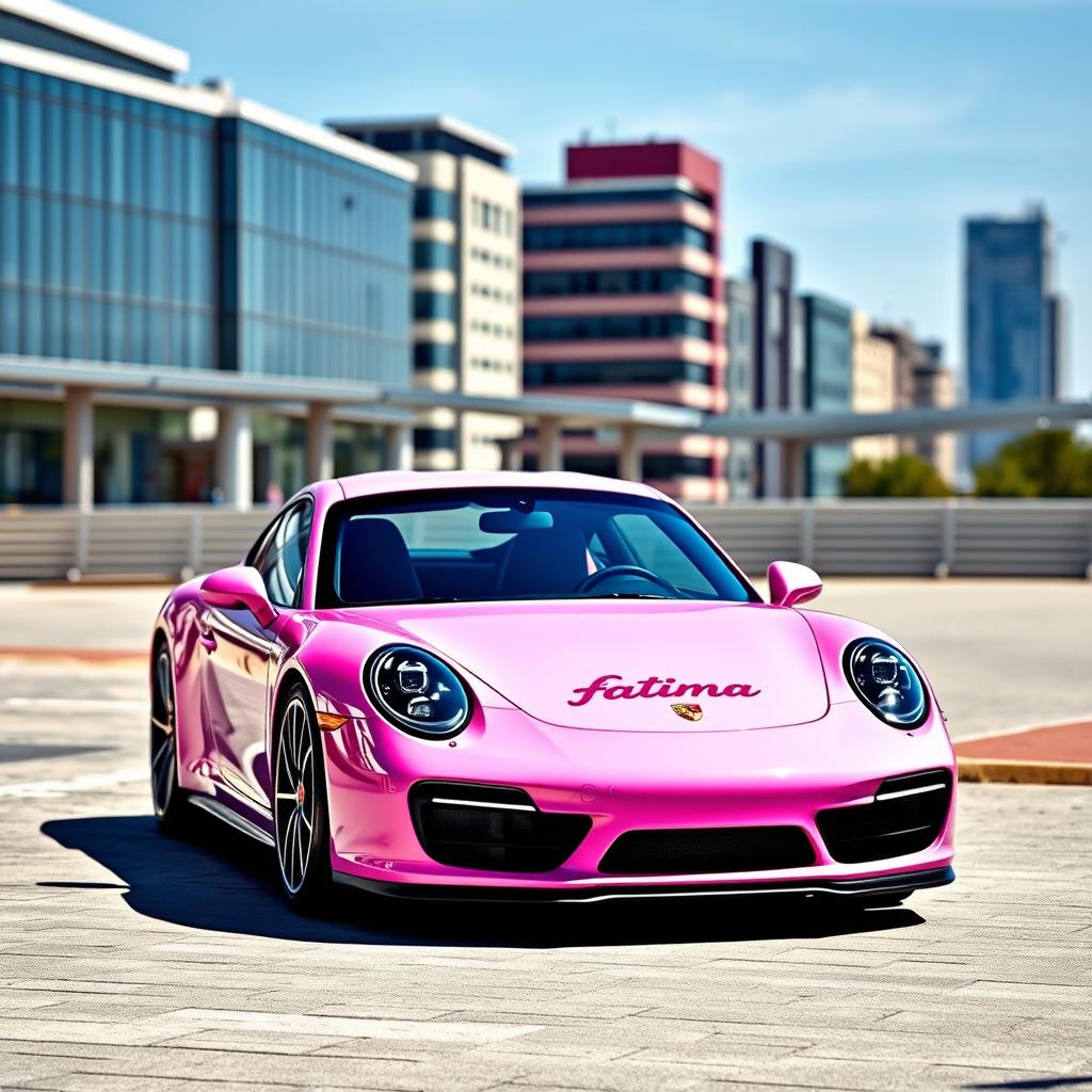 A stunning pink Porsche sports car designed with the fictional brand name "Fatima" elegantly displayed on the car