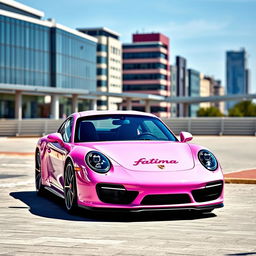 A stunning pink Porsche sports car designed with the fictional brand name "Fatima" elegantly displayed on the car