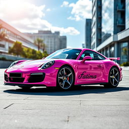 A stunning pink Porsche sports car designed with the fictional brand name "Fatima" elegantly displayed on the car