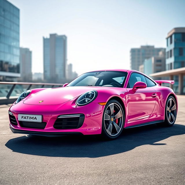 A stunning pink Porsche sports car designed with the fictional brand name "Fatima" elegantly displayed on the car