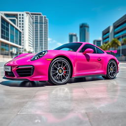 A stunning pink Porsche sports car designed with the fictional brand name "Fatima" elegantly displayed on the car