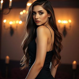 A sensual and alluring young woman with captivating eyes, wearing a sleek, form-fitting black dress that highlights her curves