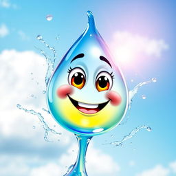 A joyful water droplet with a smiling face, sparkling like a jewel in the sunlight, surrounded by vibrant colors and playful water splashes