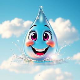 A joyful water droplet with a smiling face, sparkling like a jewel in the sunlight, surrounded by vibrant colors and playful water splashes